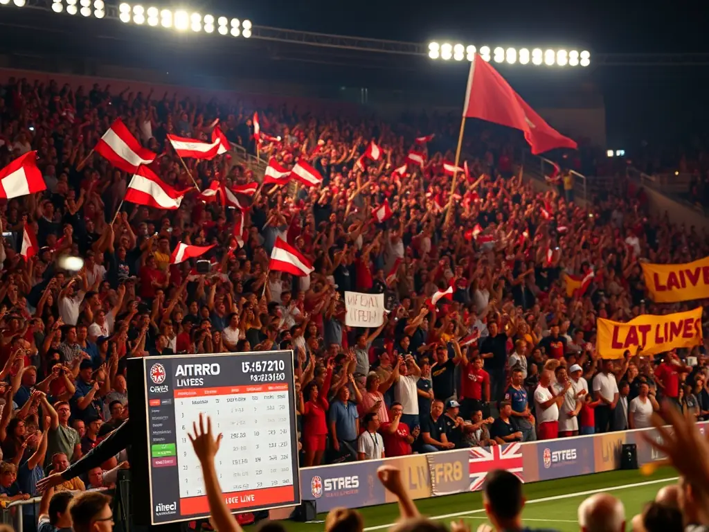 Excited sports fans cheering in the stadium, capturing the energy and passion of live sports betting with 1xBet.